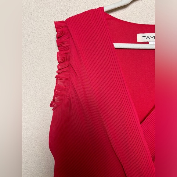 Taylor Raspberry Red Pleated Chiffon Ruffle Sleeve Empire Waist Midi Dress 14 - Picture 3 of 14